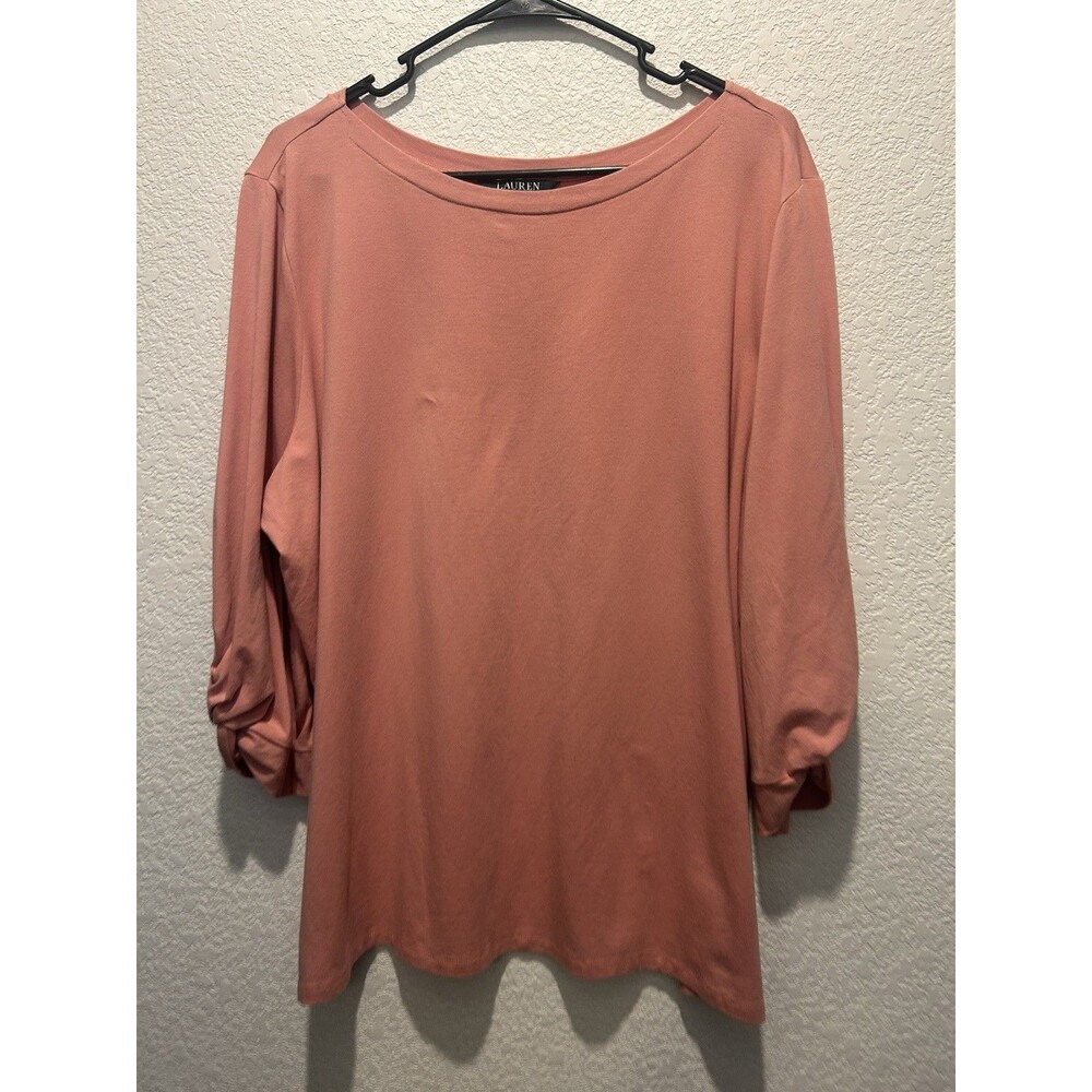 Lauren Ralph Lauren Women’s 2X Pink Knit Top Ruched Sleeve Stretch Casual Blouse